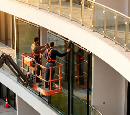 Operatori su piattaforma aerea PLE per la pulizia delle vetrate di un edificio